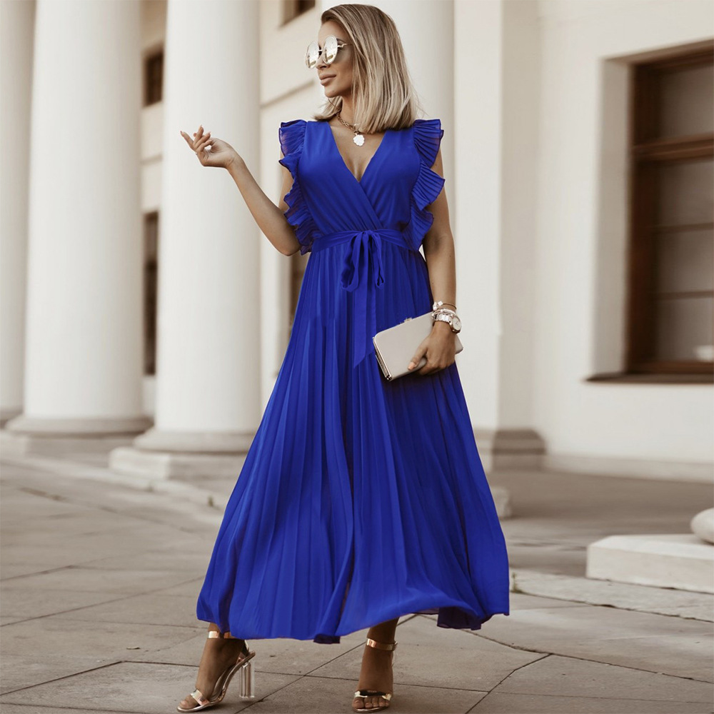Women's sleeveless maxi dress V-neck pleated ruffle shoulders ankle-length chic silhouette