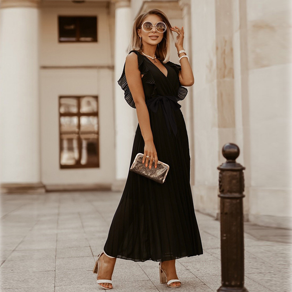 Women's sleeveless maxi dress V-neck pleated ruffle shoulders ankle-length chic silhouette