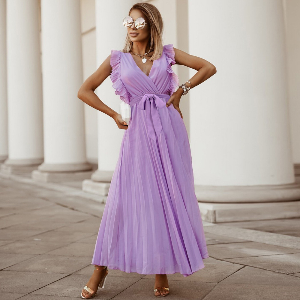 Women's sleeveless maxi dress V-neck pleated ruffle shoulders ankle-length elegant chic silhouette