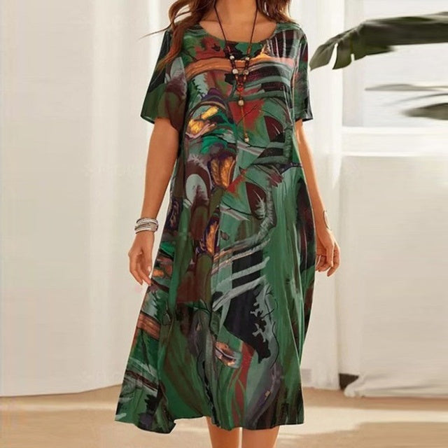 Women's midi dress relaxed fit abstract print cotton blend breathable everyday casual style