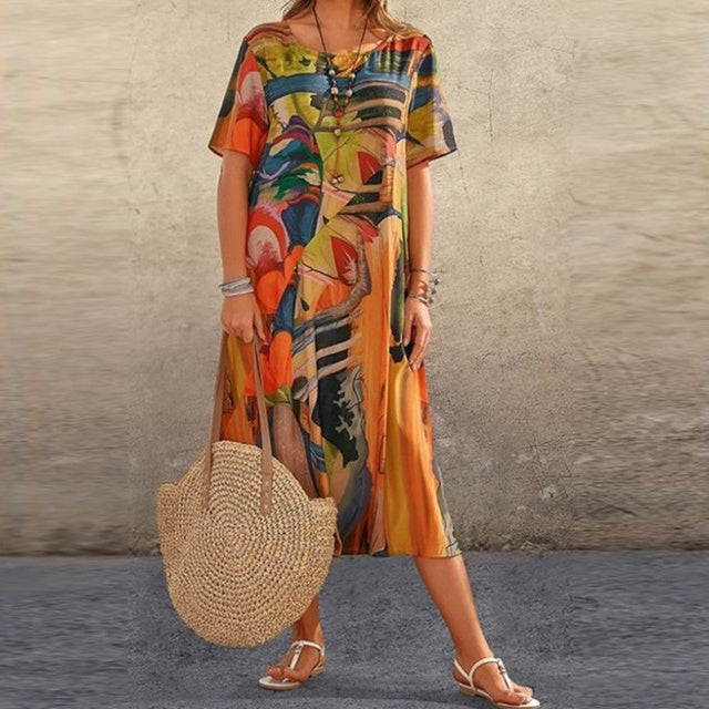 Women's midi dress relaxed fit abstract print cotton blend breathable everyday casual style