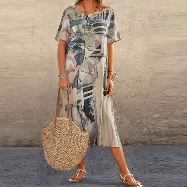 Women's midi dress relaxed fit abstract print cotton blend breathable silhouette casual chic