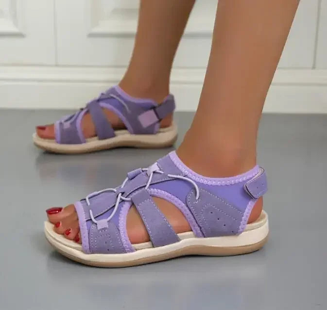 Women's beige vegan leather wedge sandals with adjustable straps and breathable lightweight design