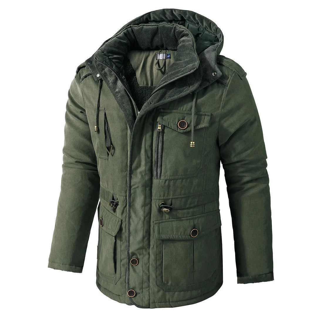 Men's hooded utility jacket windproof weather-resistant multiple pockets outdoor explorer streetwear