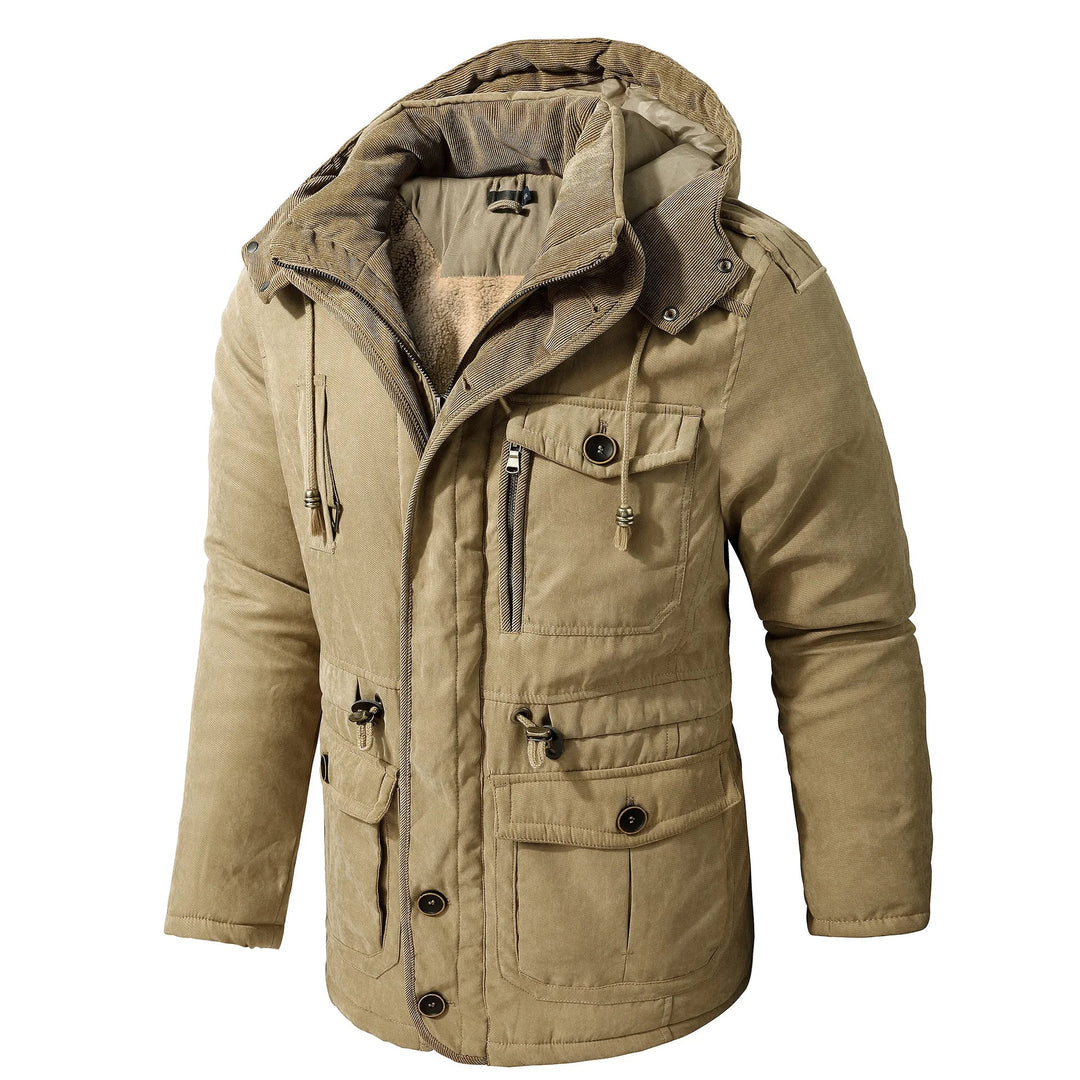 Men's olive utility jacket hooded windproof design with multiple cargo pockets for outdoor exploration