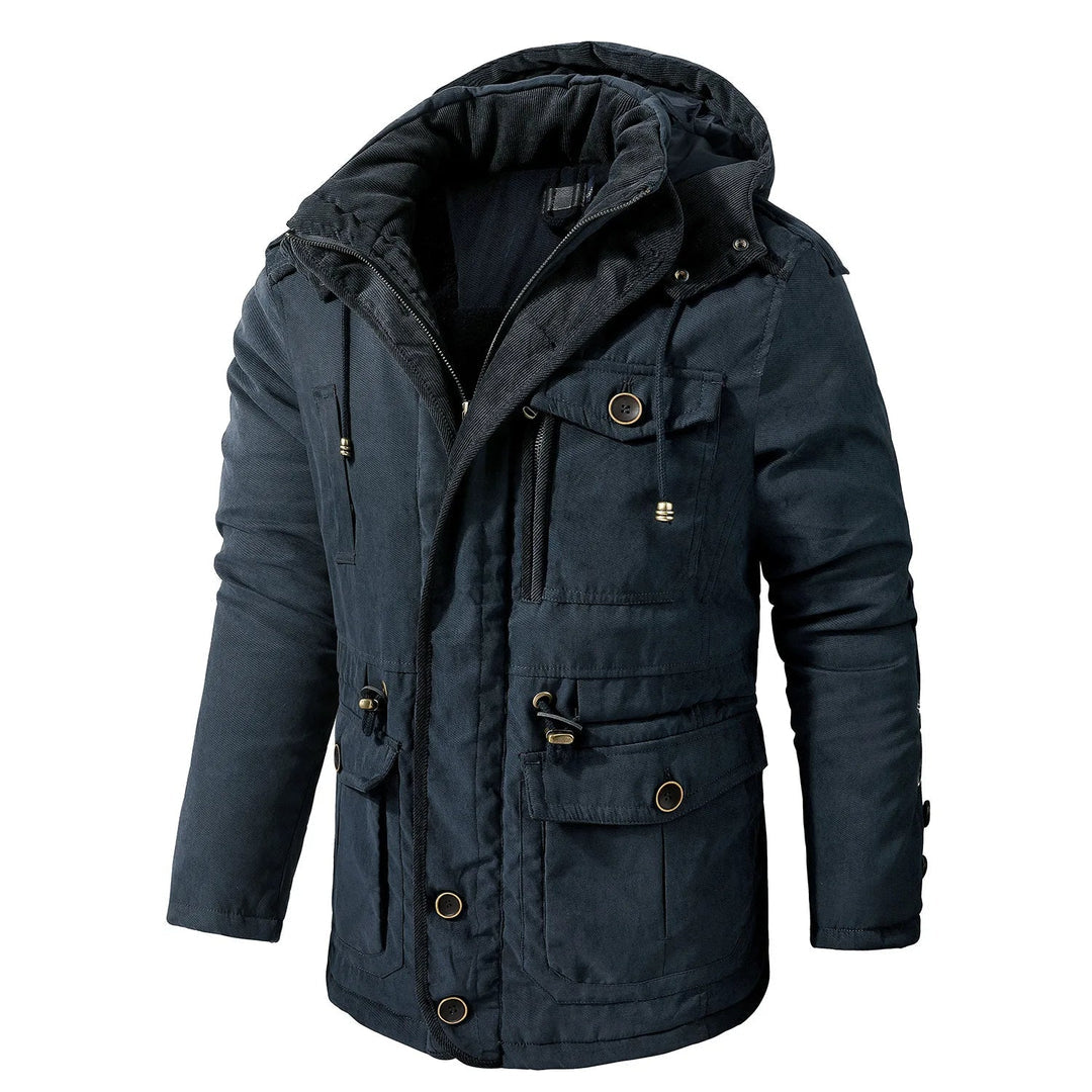 Men's olive utility jacket hooded windproof design with multiple pockets for outdoor adventures