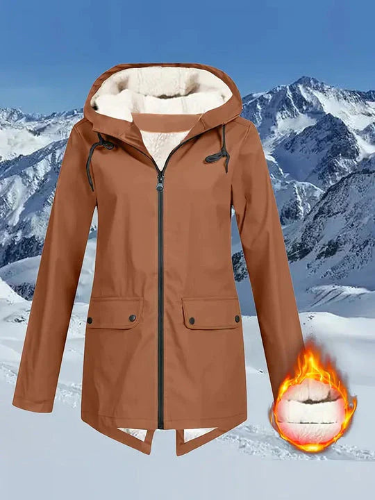 Waterproof hooded jacket with fleece insulation, cozy outdoor style for cold weather adventures
