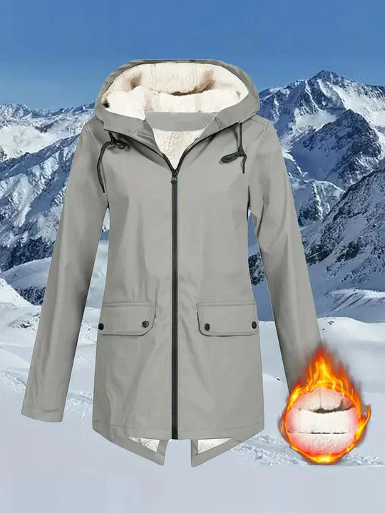 Waterproof fleece-lined hooded outdoor jacket, warm cozy insulation for cold weather adventures
