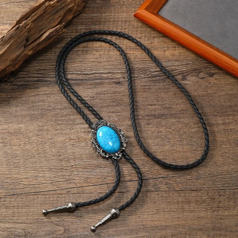 Renegade bolo tie tribal design turquoise stone silver metal leather Western accessories bold statement