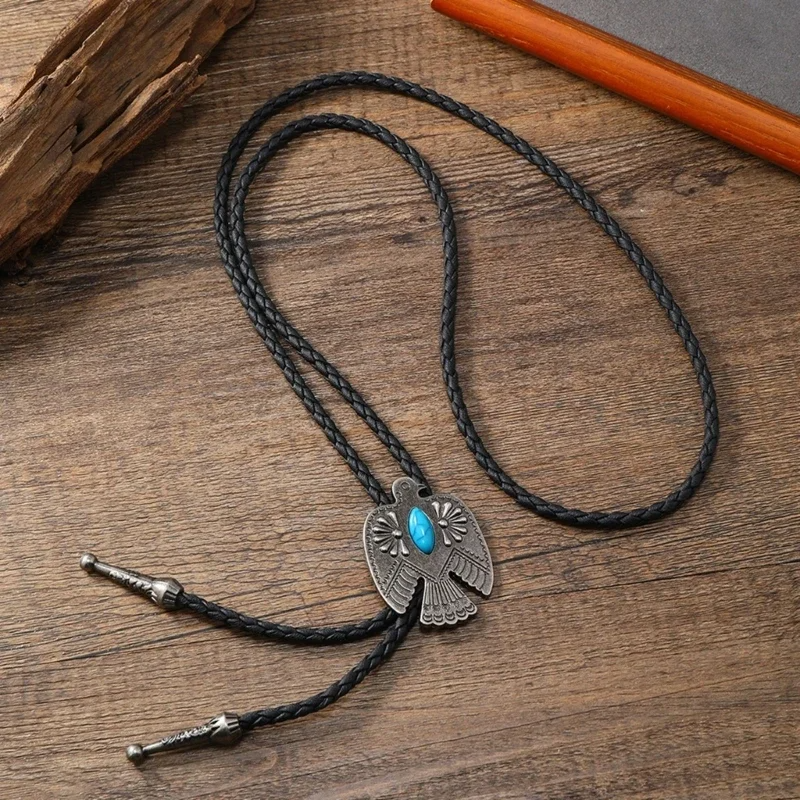 Renegade bolo tie tribal design turquoise stone durable leather metal bold western accessory