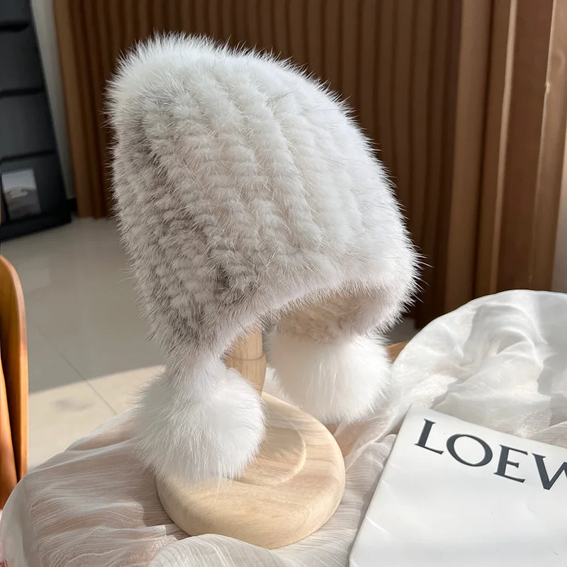 Women's warm ribbed knit fur beanie with plush pom poms, luxurious winter hat in cozy style