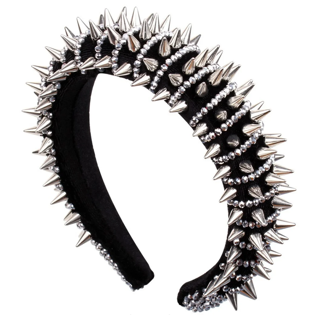 Black velvet spiked headband with metallic spikes and bead accents, edgy glam punk-rock statement accessory
