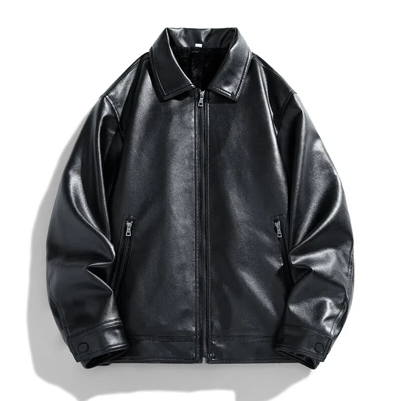 Black vegan leather bomber jacket tailored fit with snap cuffs, eco-conscious men's style