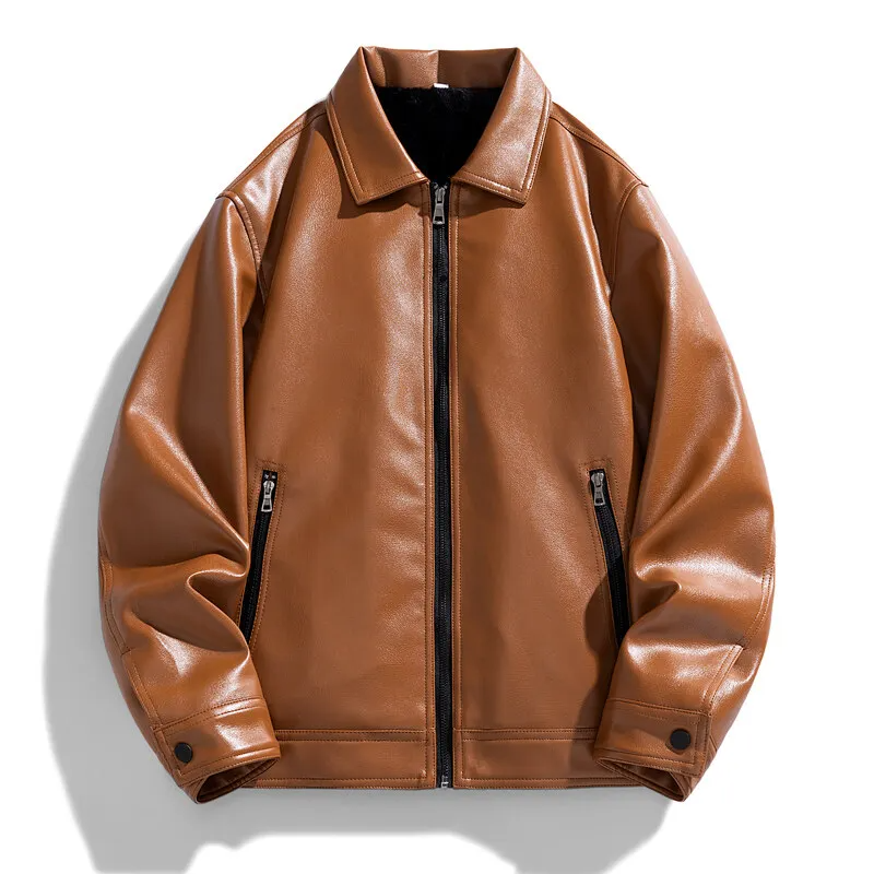Black vegan leather bomber jacket tailored fit with snap cuffs, eco-conscious men's style
