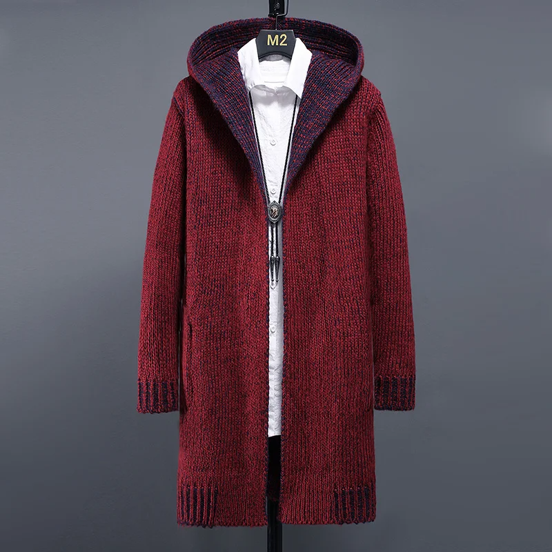 Longline hooded knitted cardigan unisex wool blend with pockets for versatile layering