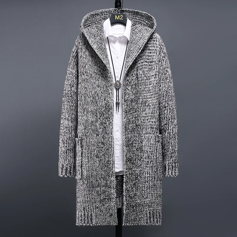 Longline hooded knitted cardigan unisex wool blend with pockets versatile layering style