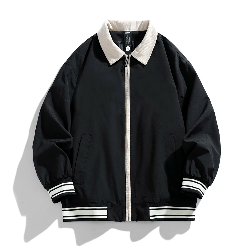 Unisex vintage varsity bomber jacket with contrast corduroy collar, striped cuffs, relaxed fit