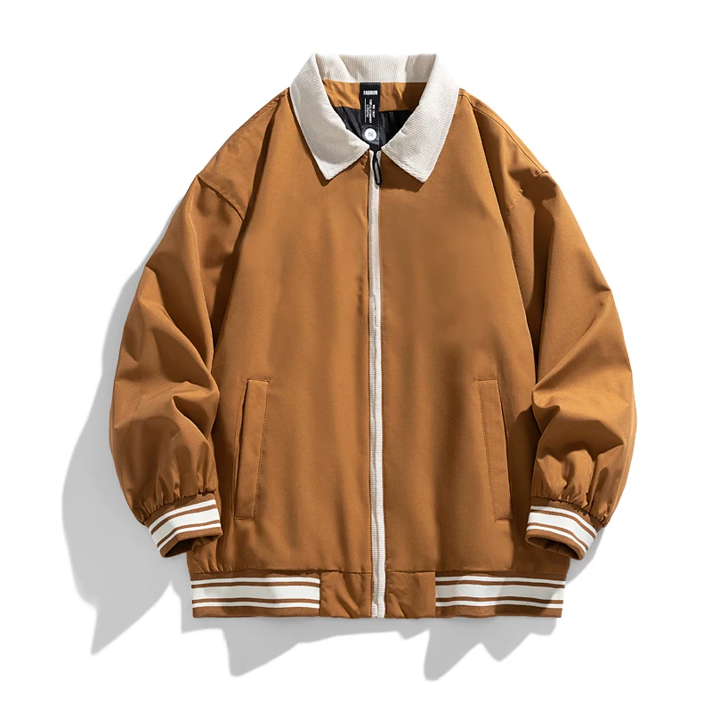 Unisex vintage varsity bomber jacket with contrast corduroy collar, striped ribbed cuffs, relaxed fit