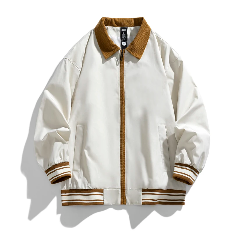 Unisex vintage varsity bomber jacket with contrast corduroy collar, striped ribbed cuffs, relaxed fit