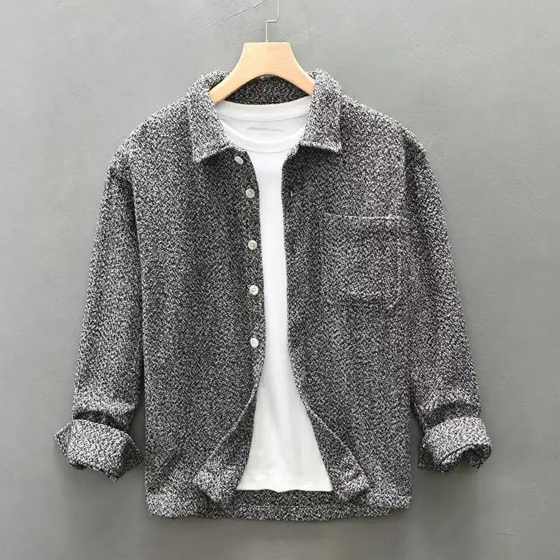 Ivory cashmere-blend button-up shirt with grainy texture, smart casual slim cut for everyday luxury