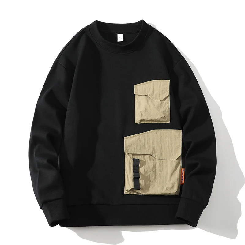 Olive green cargo pullover sweatshirt with double front utility pockets and minimalist streetwear silhouette