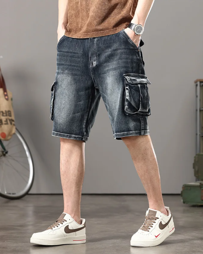 Men's blue denim cargo shorts distressed vintage wash oversized flap pockets streetwear style