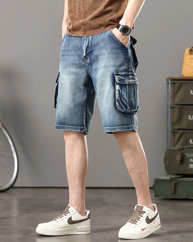 Men's blue denim cargo shorts distressed vintage wash oversized flap pockets streetwear style