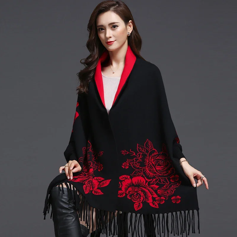Women's reversible knit shawl two-tone floral pattern ultra-soft fringe trim elegant wrap