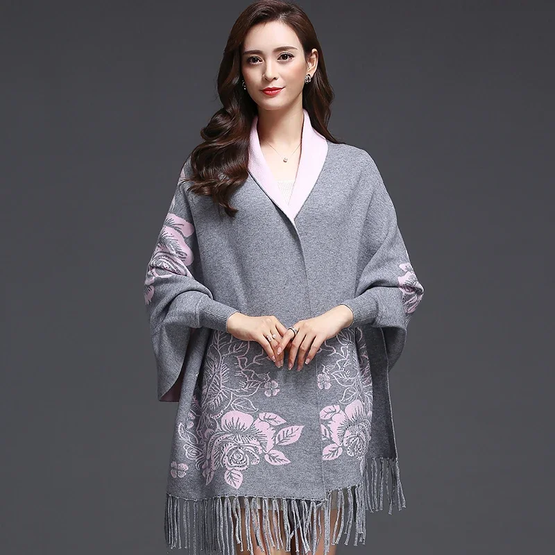 Women's reversible knit shawl two-tone floral pattern ultra-soft fringe trim elegant wrap