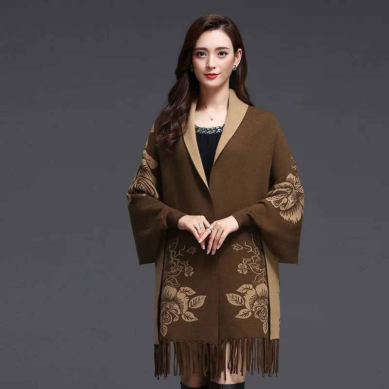 Women's reversible knit shawl two-tone floral pattern ultra-soft fringe trim elegant wrap