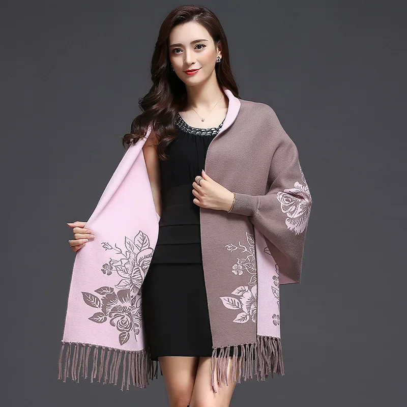 Women's reversible knit shawl two-tone floral pattern ultra-soft fringe trim elegant wrap