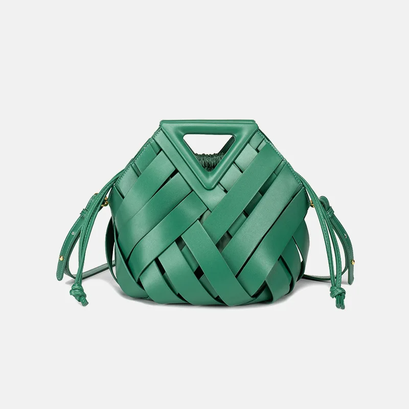 Handwoven leather bucket bag with geometric top handle and drawstring pouch for modern professionals