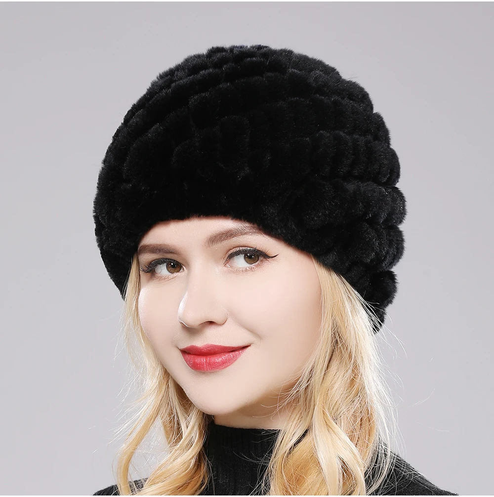 Women's plush rabbit fur beanie with sculpted wave texture, stretch fit, warm winter hat