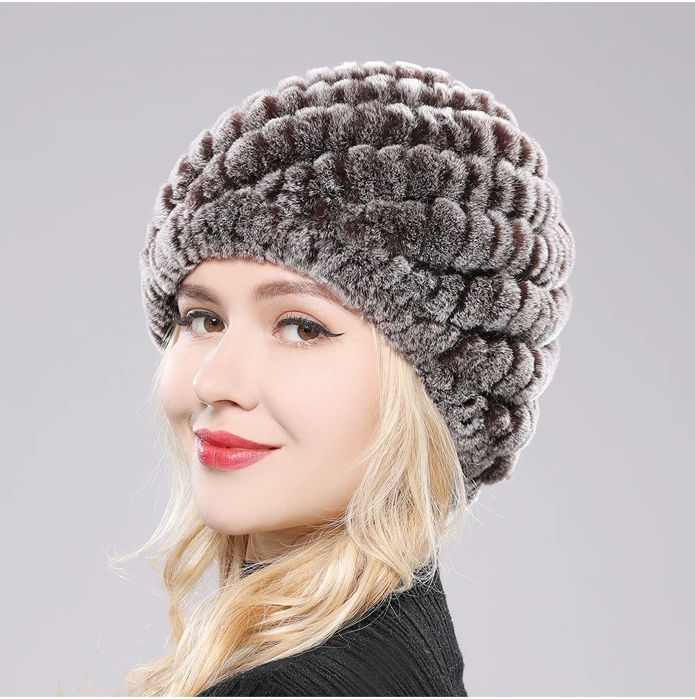 Women's plush rabbit fur beanie with sculpted wave texture, stretch fit, ultra-soft winter hat