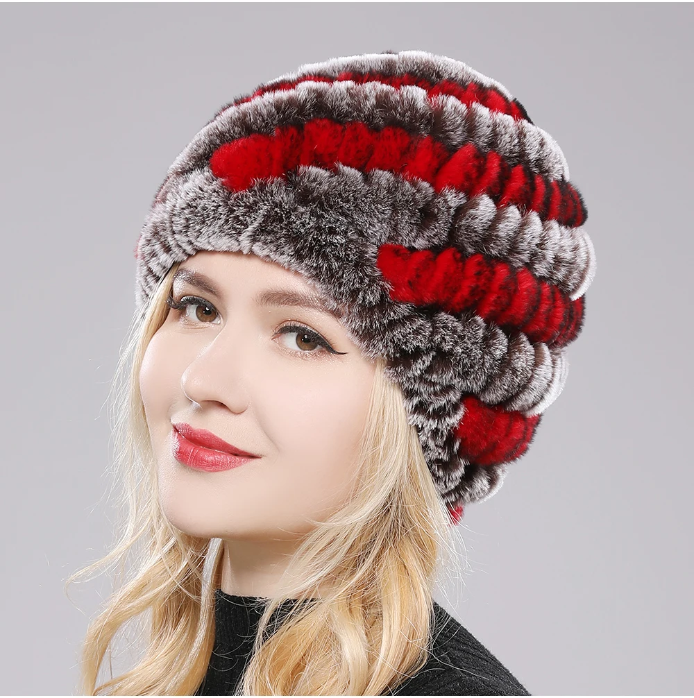 Women's plush rabbit fur beanie with sculpted wave texture, stretch fit, ultra-soft winter hat