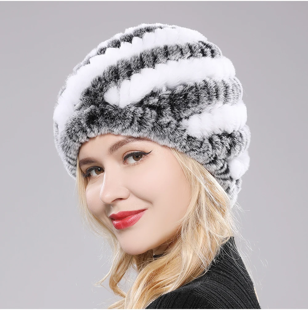 Women's plush rabbit fur beanie with sculpted wave texture and stretch fit for warmth