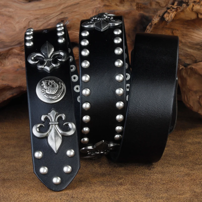 Brown full-grain leather belt with antique silver fleur-de-lis medallions, heavy buckle, biker style