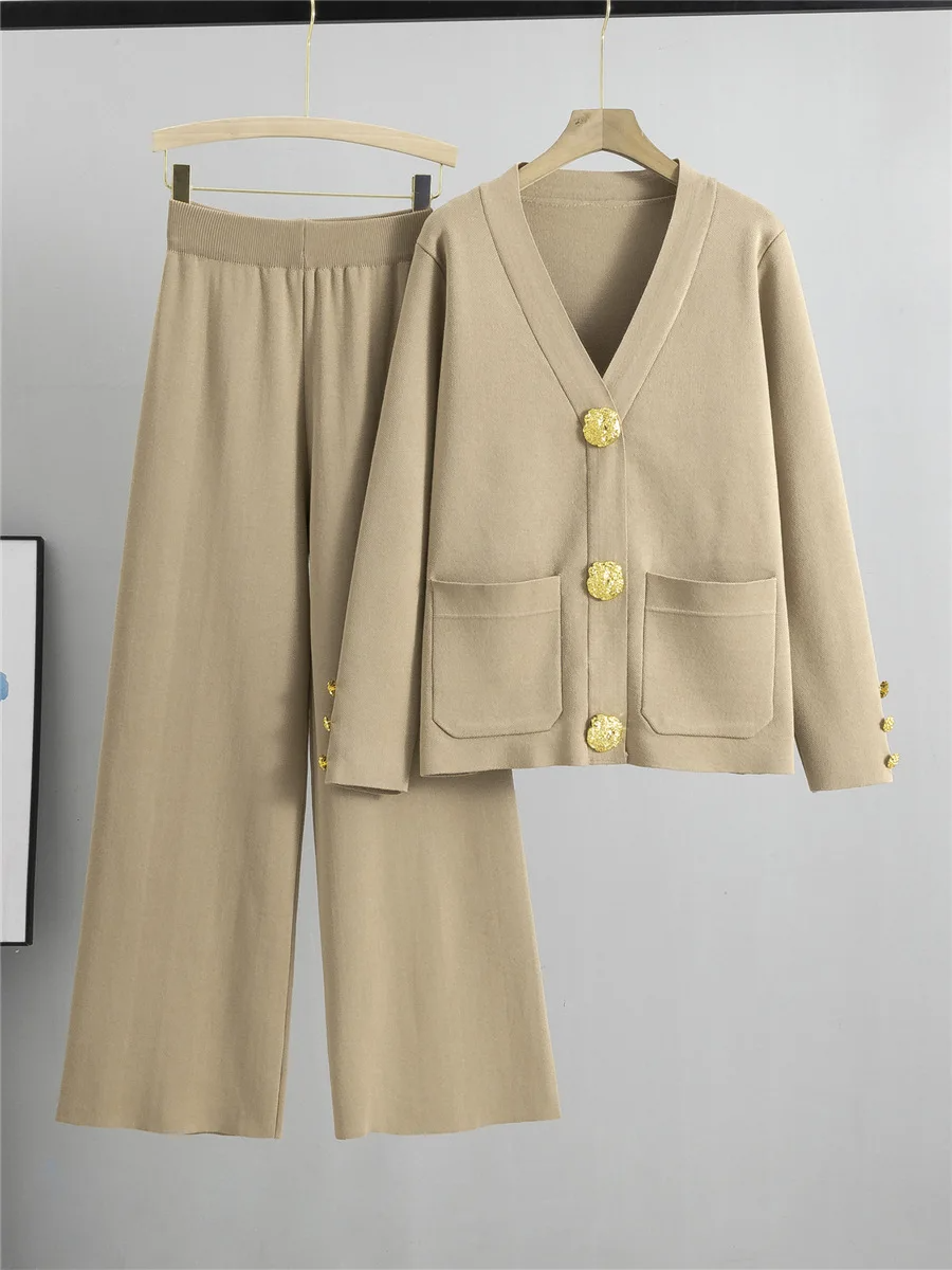 Women's ivory knit two-piece set V-neck cardigan wide-leg pants gold trim detail