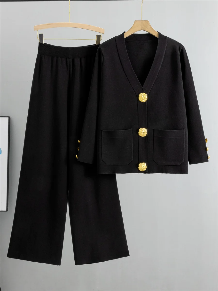 Women's knit two-piece set V-neck cardigan wide-leg pants with gold trim detailing