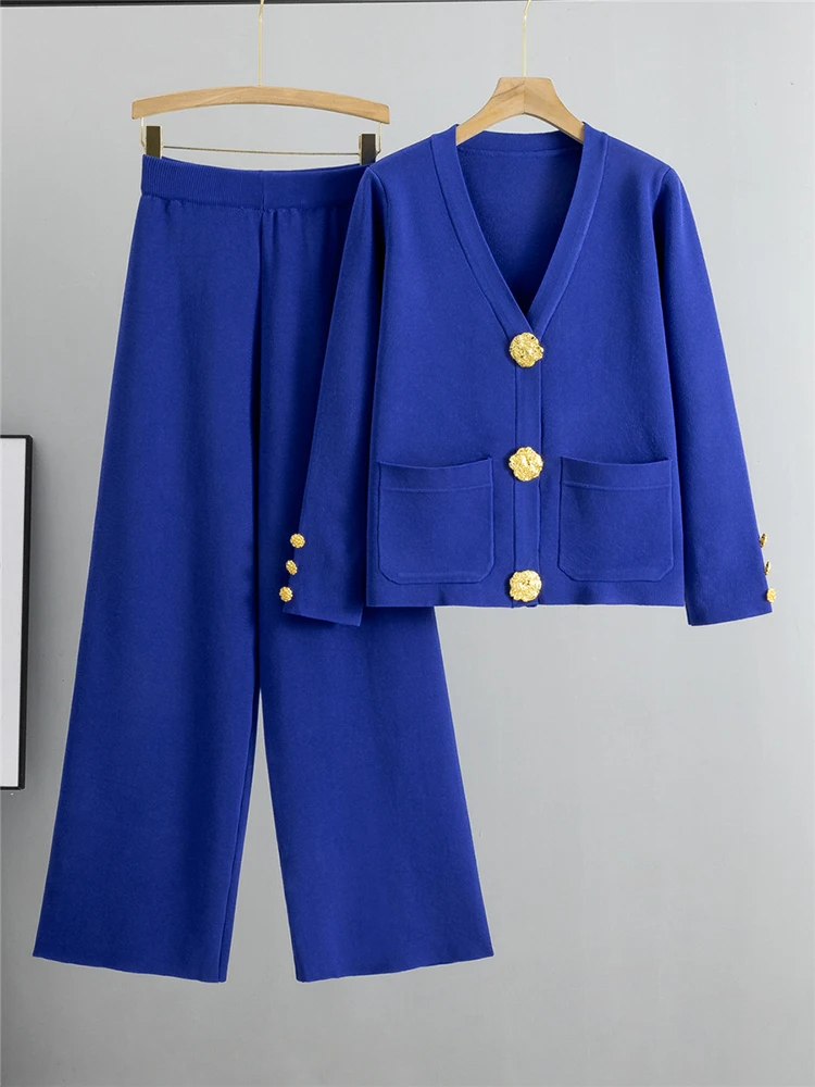 Women's ivory knit two-piece set V-neck cardigan wide-leg pants gold button details