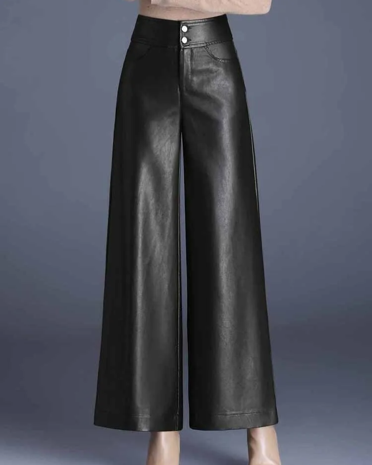 Black wide-leg vegan leather trousers high-waisted snatched sculpting fit luxe silhouette women