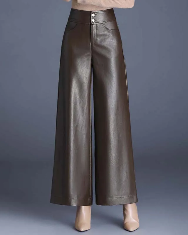 Women's black vegan leather wide-leg trousers high-waisted snatched waist sculpting silhouette