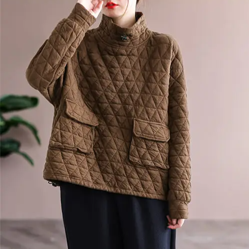 Women's oversized diamond quilted pullover soft cotton blend high neck drawstring flap pockets