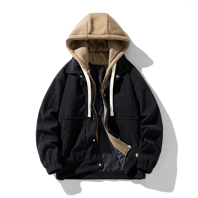 Unisex fine-wale corduroy jacket tailored fit with plush fleece hood and warm inner lining