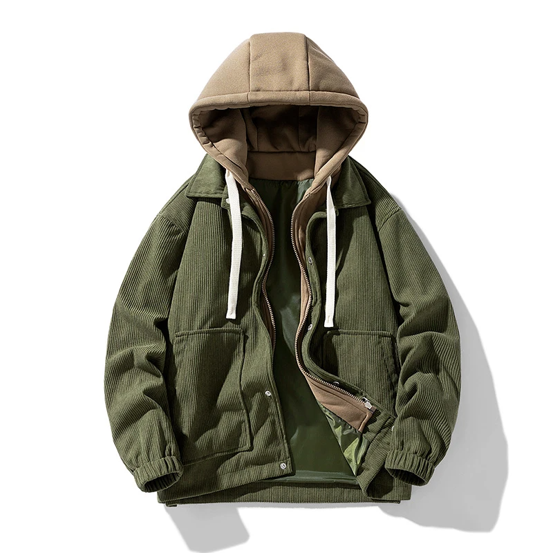 Unisex fine-wale corduroy jacket tailored fit with plush fleece hood and warm inner lining