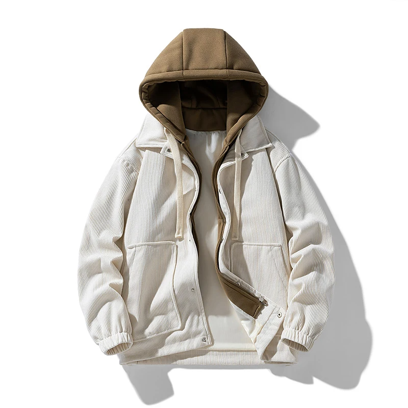 Unisex fine-wale corduroy jacket tailored fit with plush fleece hood and warm inner lining