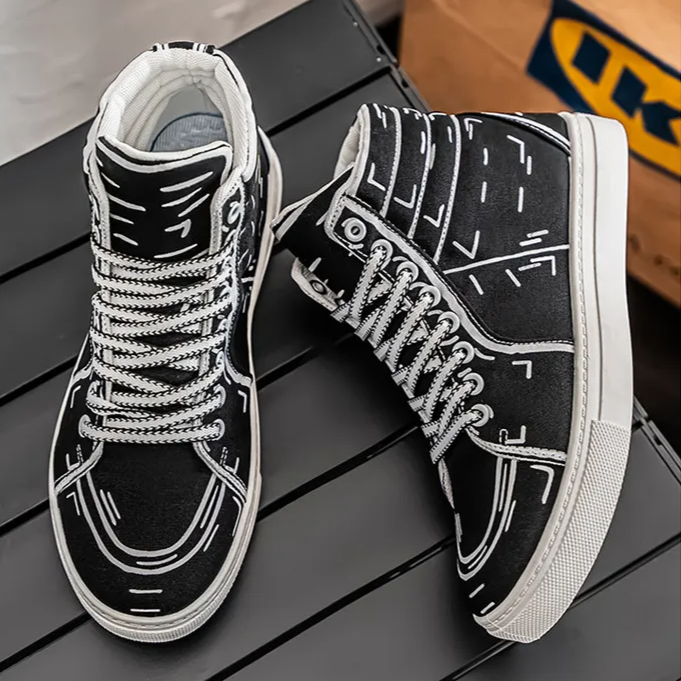 White high-top sneaker with bold hand-drawn surreal illustrated outlines, lightweight creative statement design