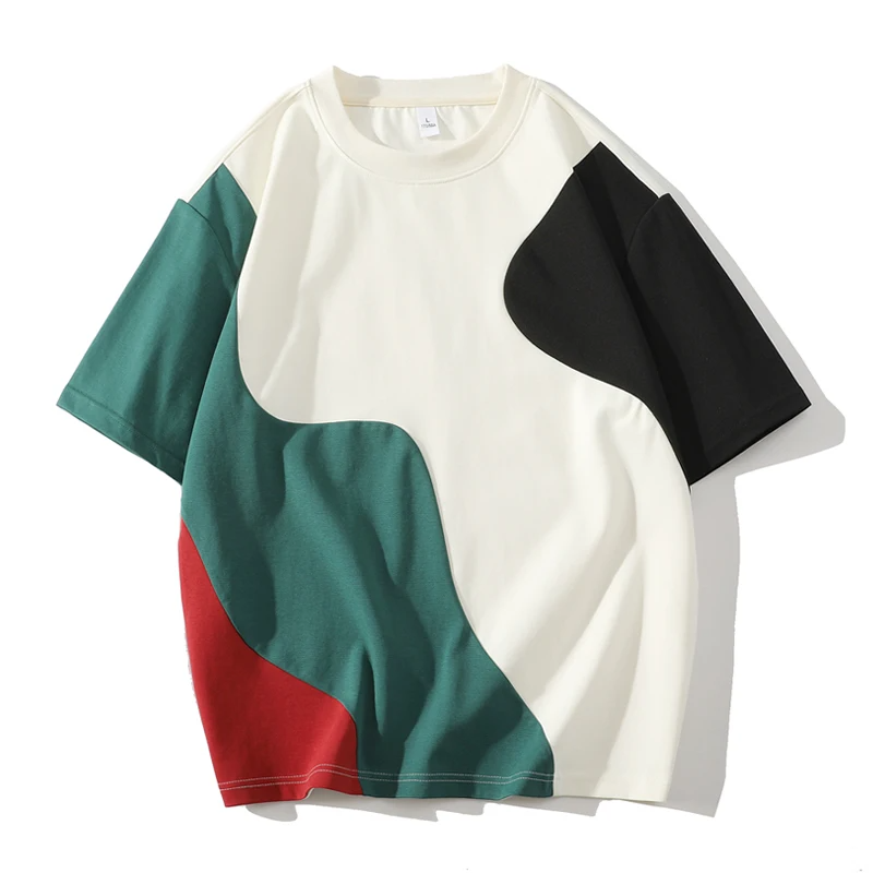 Bold multi-panel oversized drop shoulder cotton blend tee with abstract color-wave streetwear design