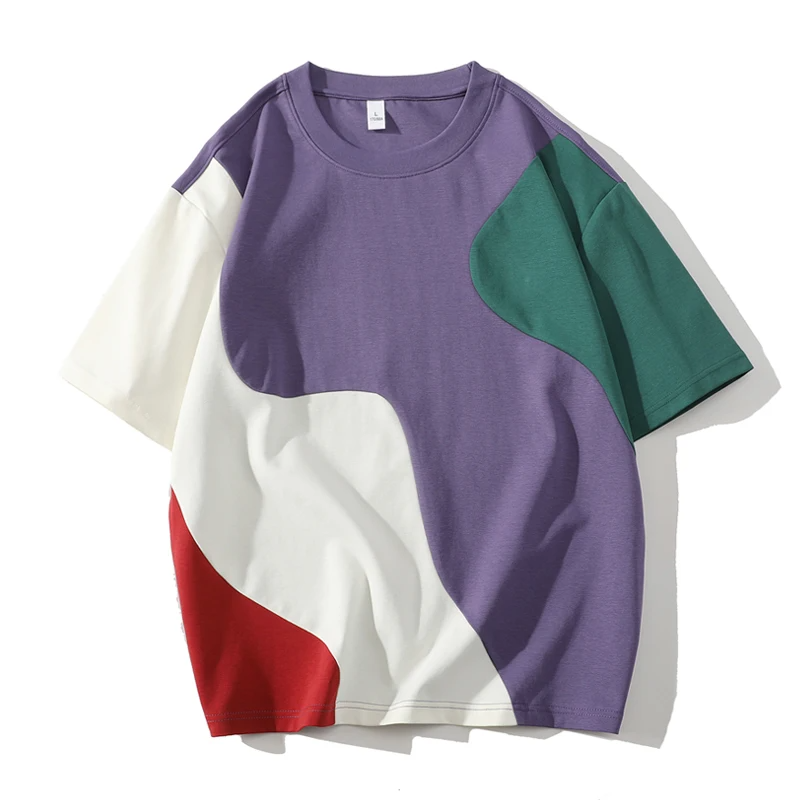 Bold multi-panel oversized drop shoulder cotton blend tee with abstract color-wave streetwear design