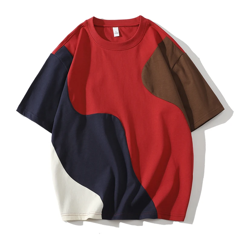 Bold multi-panel oversized drop shoulder cotton blend tee with abstract color-wave print for streetwear
